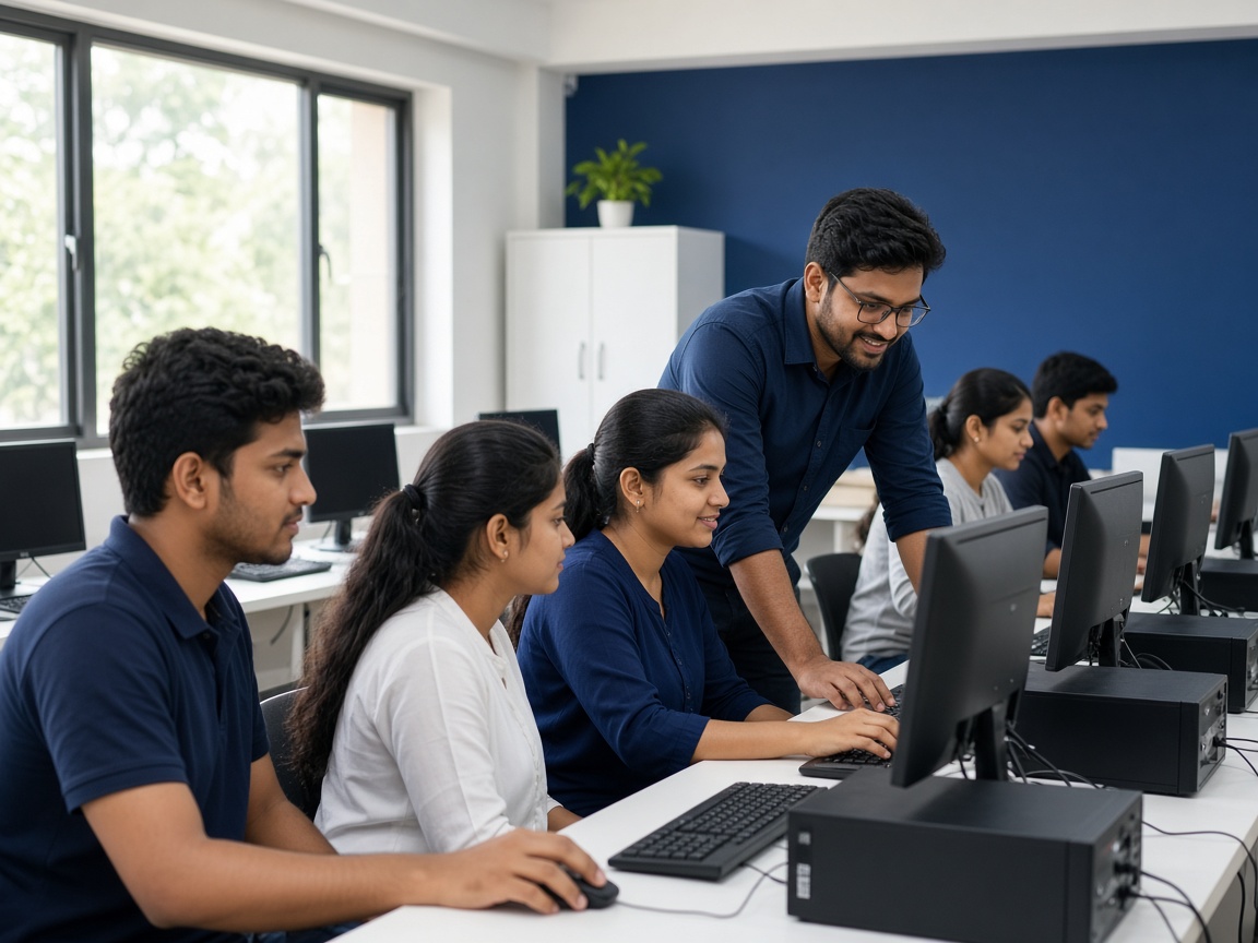 Students learning in a computer training lab